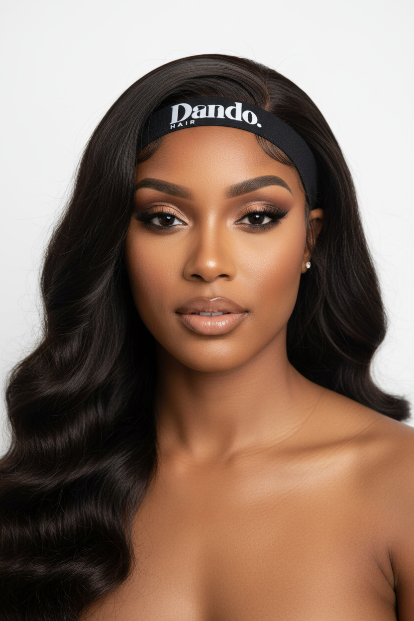Black hair band with 'Dando' branding on a marble surface
